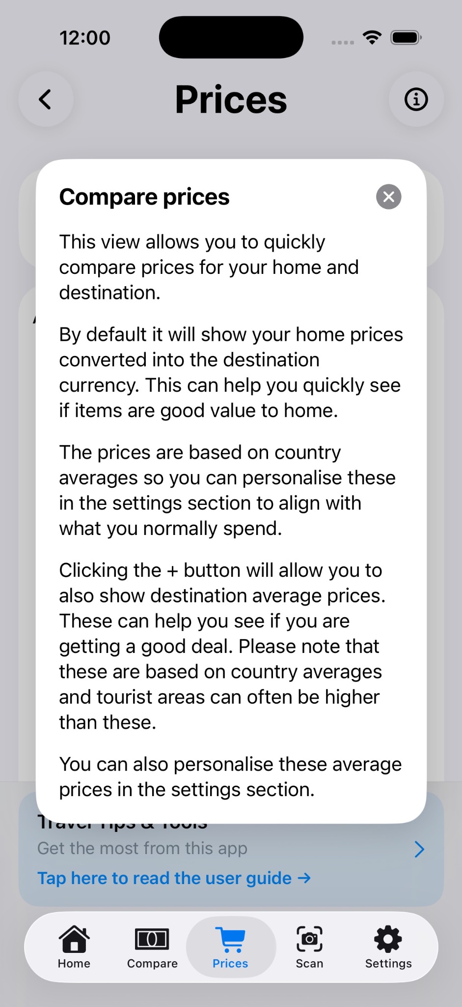 Prices help screen