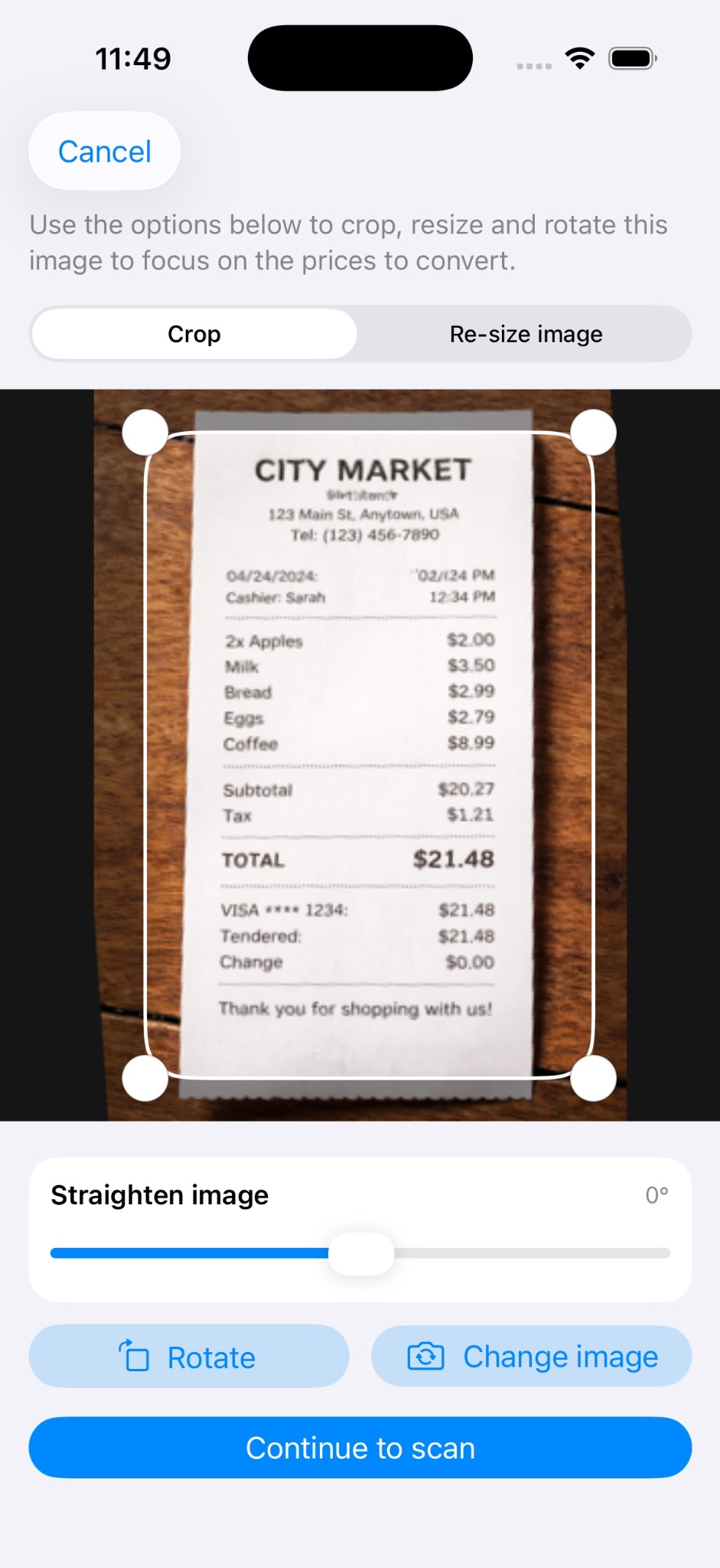 Scan receipt screen